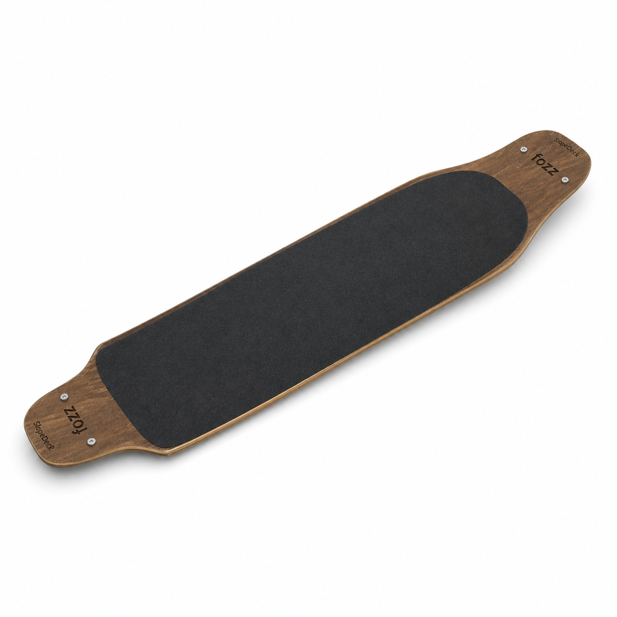 Fozz Longboard with exposed maple nose and tail shown in three-quarter view