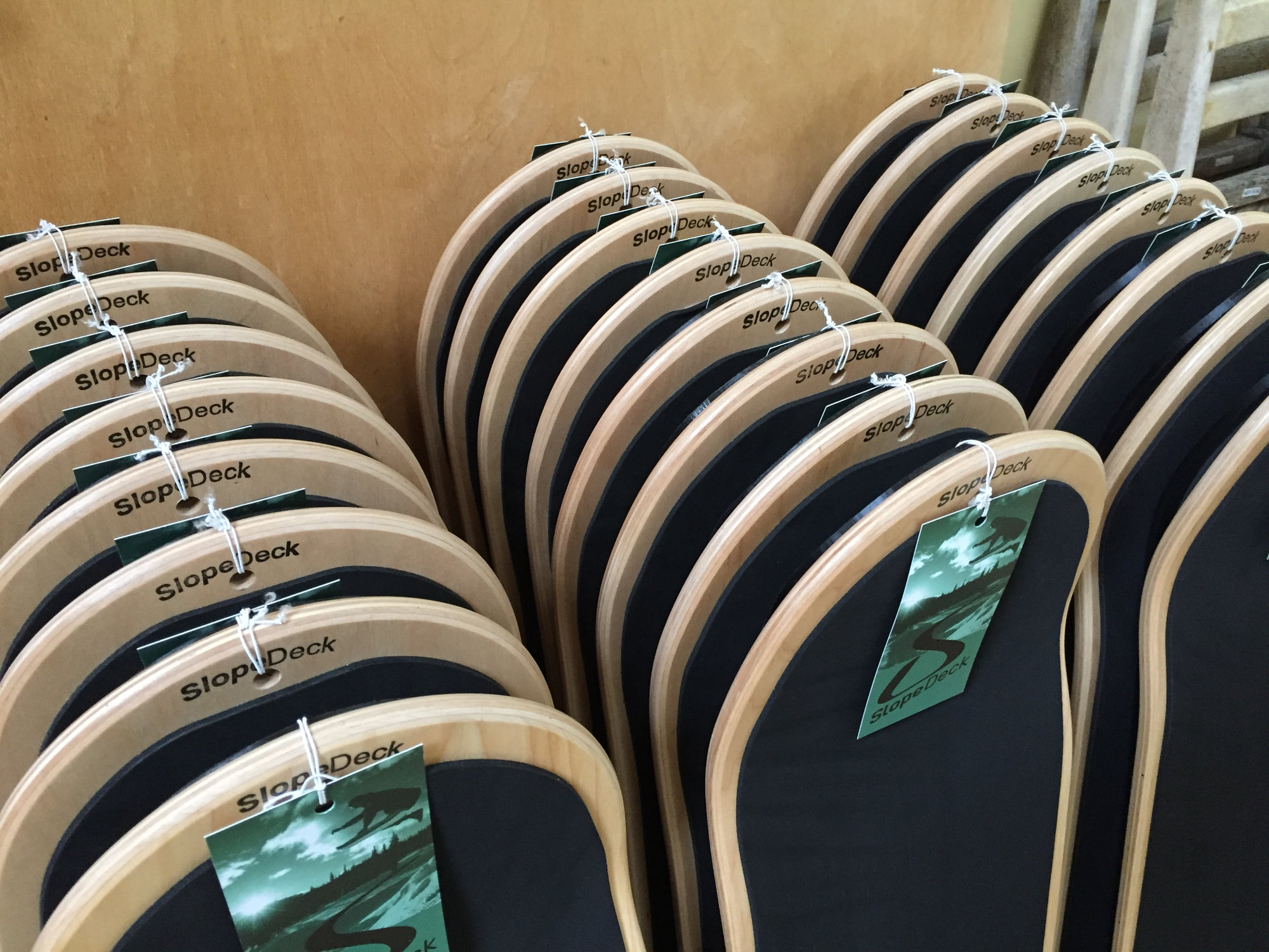 Handmade SlopeDeck snowskates ready in the workshop